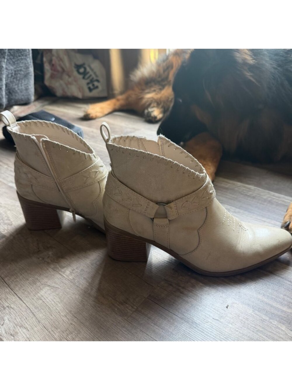Frye & Co Beige Western-Style Ankle Boots With Stacked Heel Embroidered Details